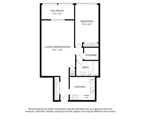 Floor plan for 1 bed, 1 bath, 883 sqft